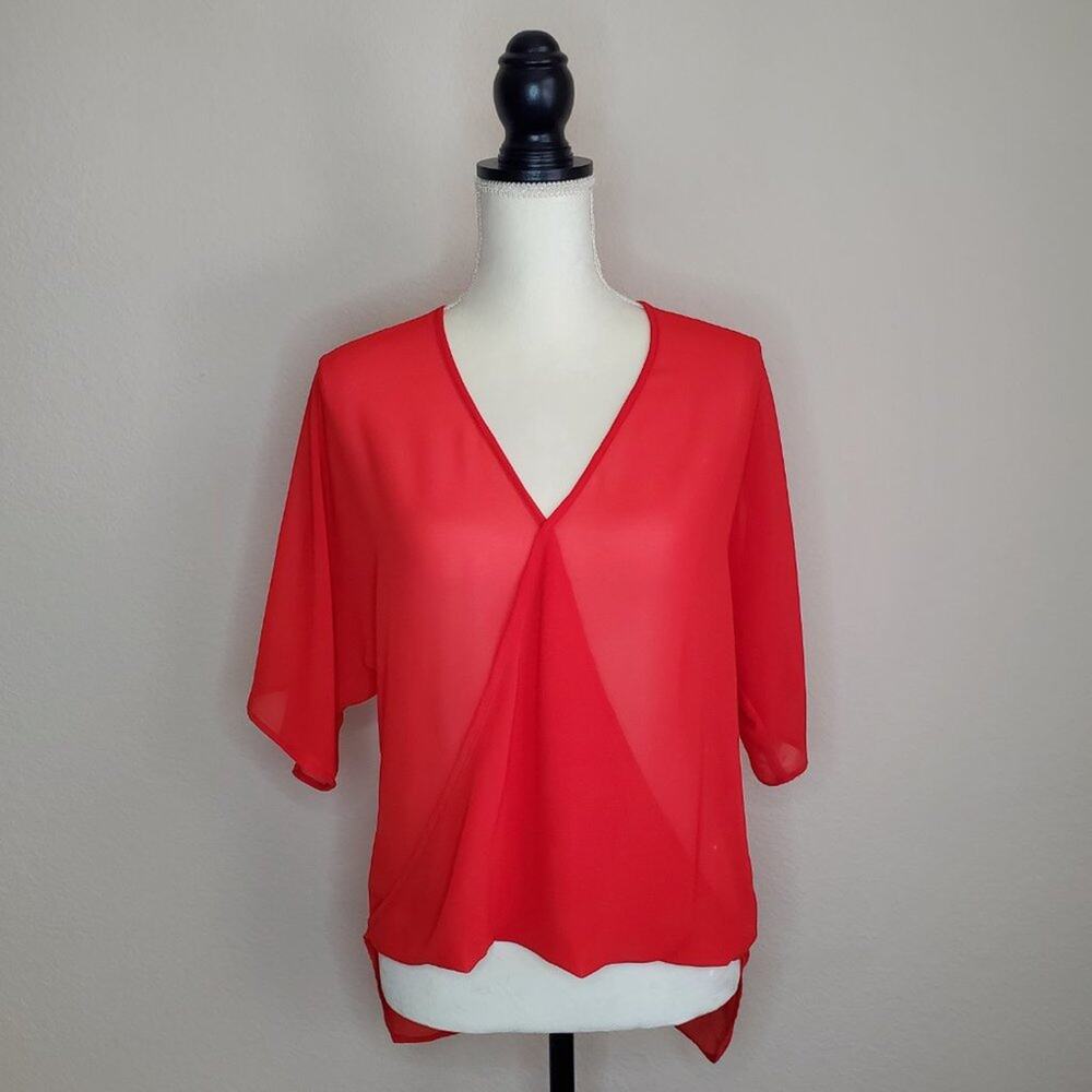 WAYF Red Sheer Surplice Blouse Small